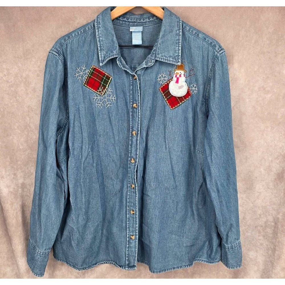VTG Womens Christmas Denim Chambray 2X Long Sleeve Button Up Shirt Holiday